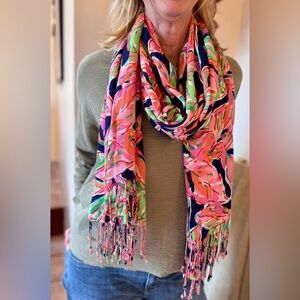 Lily Pulitzer Vibrant Pink and Green Floral Scarf Fringed Rayon One Size
